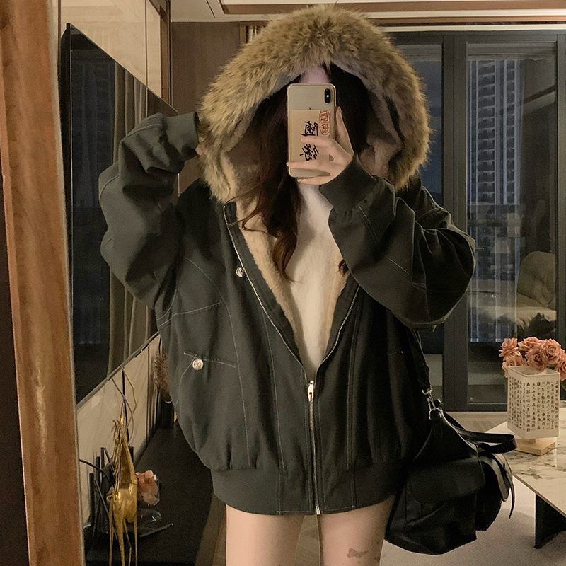 2025冬季座山雕外套女仿兔毛外套复古冬派克服加厚宽松短款棉衣