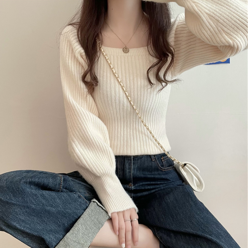 别致方领上衣女秋冬长袖法式加厚打底时尚穿搭灯笼袖短款针织毛衣