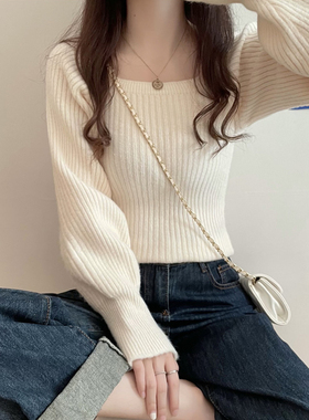 别致方领上衣女秋冬长袖法式加厚打底时尚穿搭灯笼袖短款针织毛衣