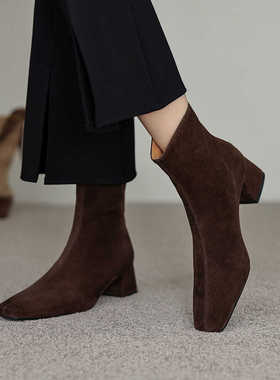 磨砂羊皮真皮法式粗跟软底小短靴方头瘦瘦靴女加绒2024冬季