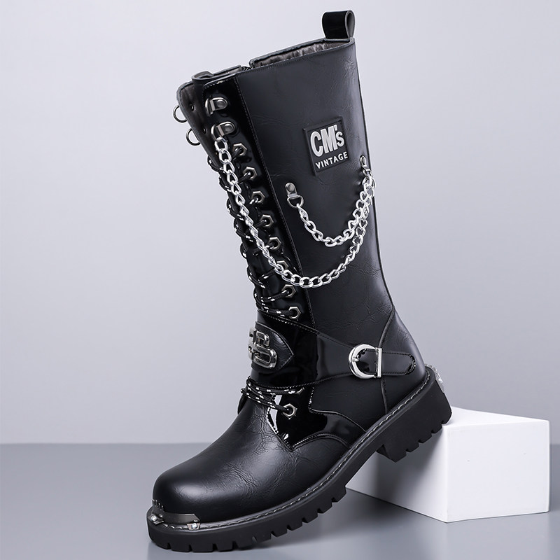 朋克机车风马丁靴男冬季长筒黑色链条装饰复古铆钉靴子乐队演出鞋
