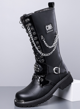 朋克机车风马丁靴男冬季长筒黑色链条装饰复古铆钉靴子乐队演出鞋