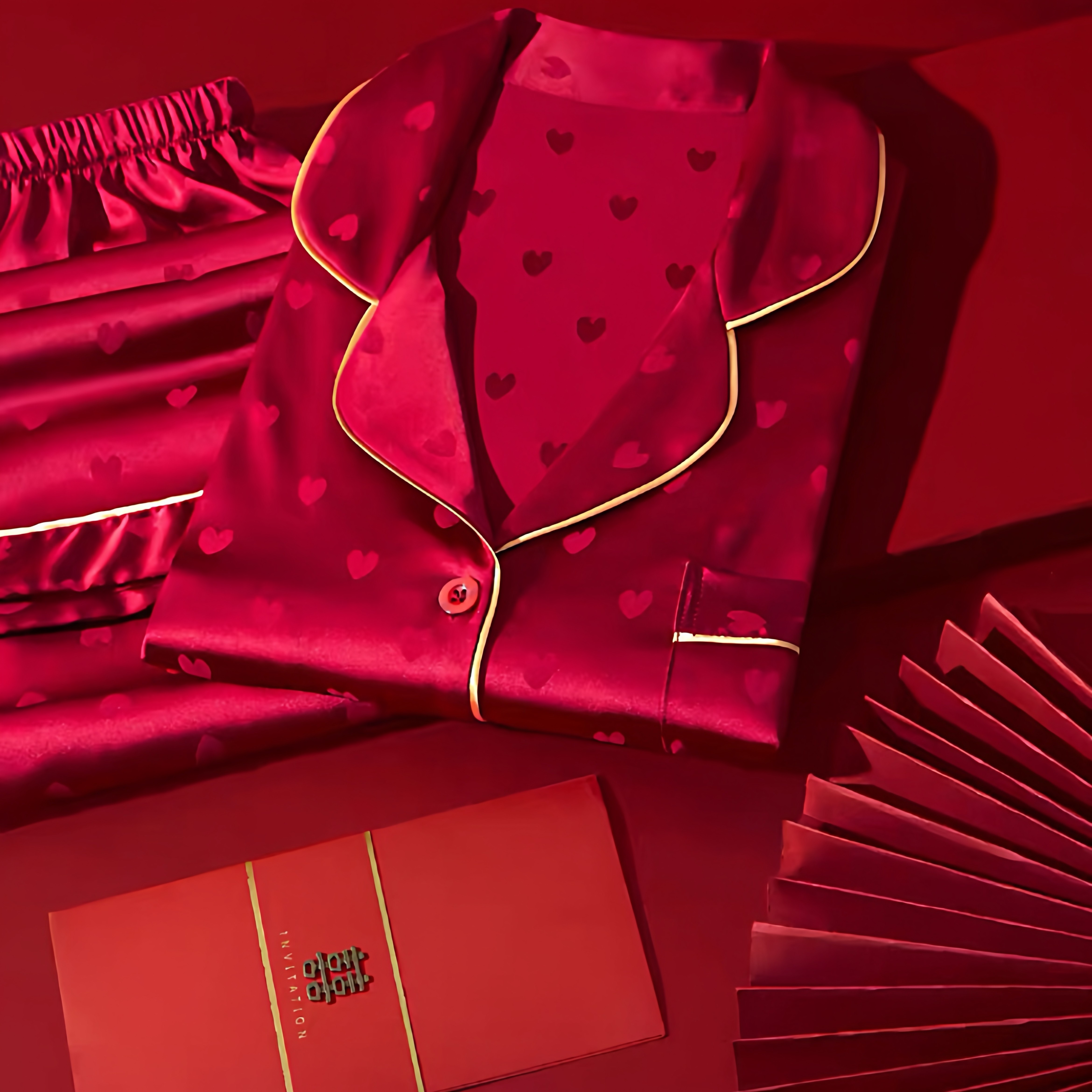 红色真丝睡衣女男春秋季结婚情侣本命年高级感家居服送闺蜜礼盒装