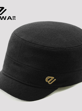 路瓦冬季超短檐3cm平顶帽男羊毛呢加绒保暖防寒加厚全封口中老年