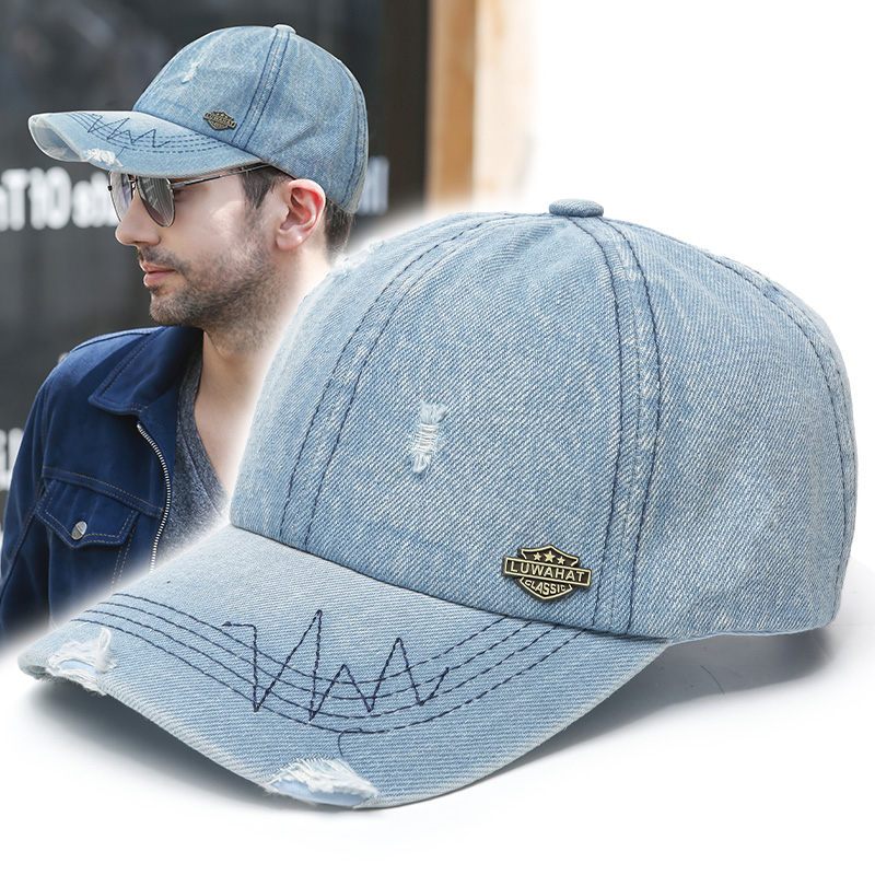 磨破牛仔帽子男出游遮阳帽潮牌棒球帽春秋破洞时尚做旧街头牛仔布