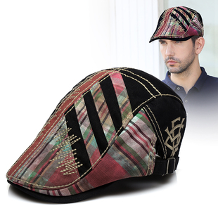 全棉帆布做脏做旧鸭舌帽秋季男士贝雷帽女潮流拼接格子画家鸭嘴帽