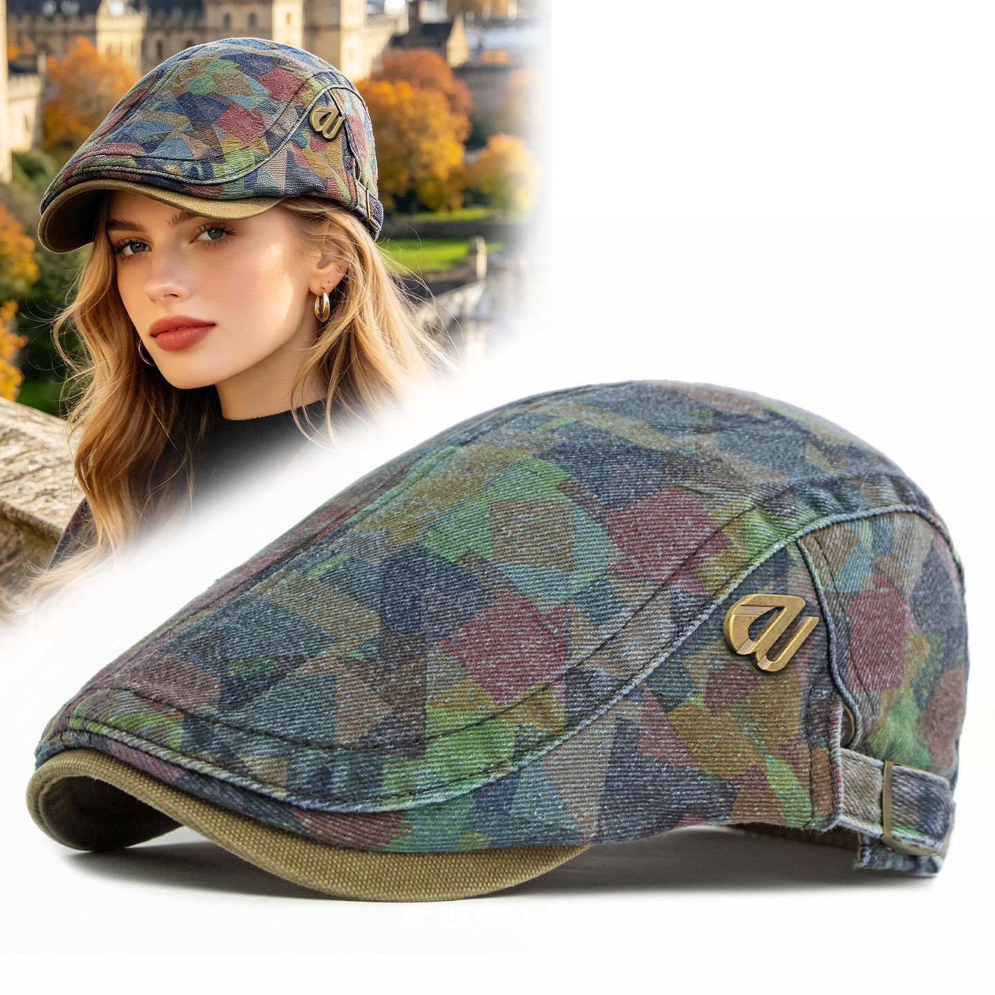 路瓦贝雷帽女做旧复古春秋拼色棉