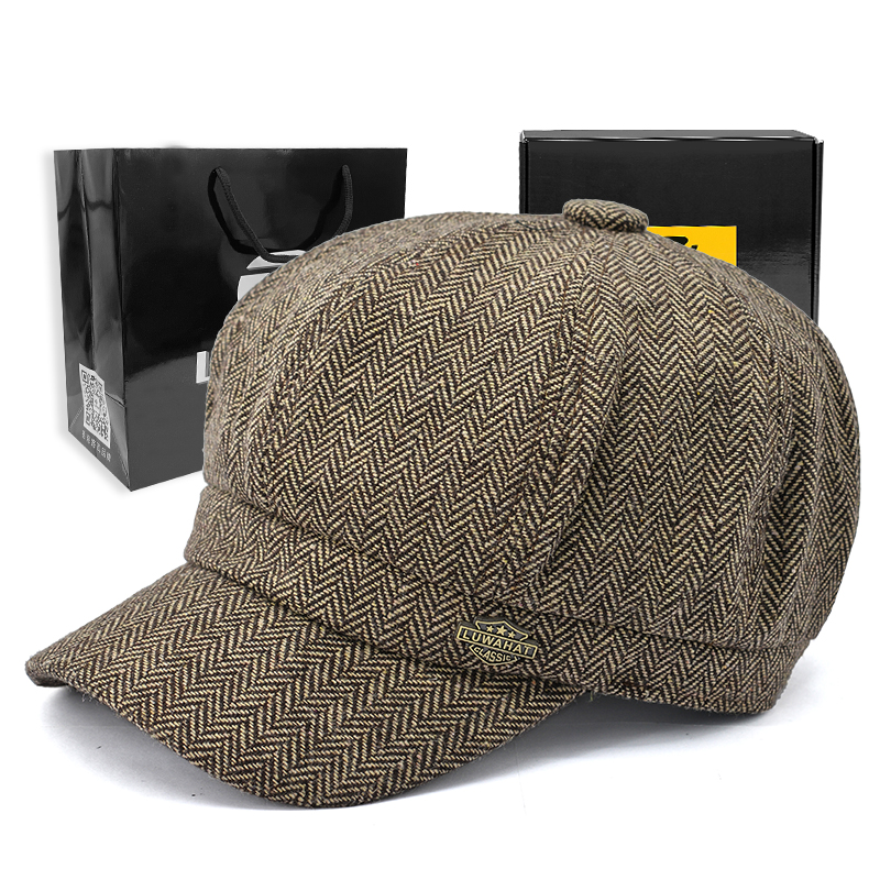 高顶秋冬男帽条纹八角帽后封口