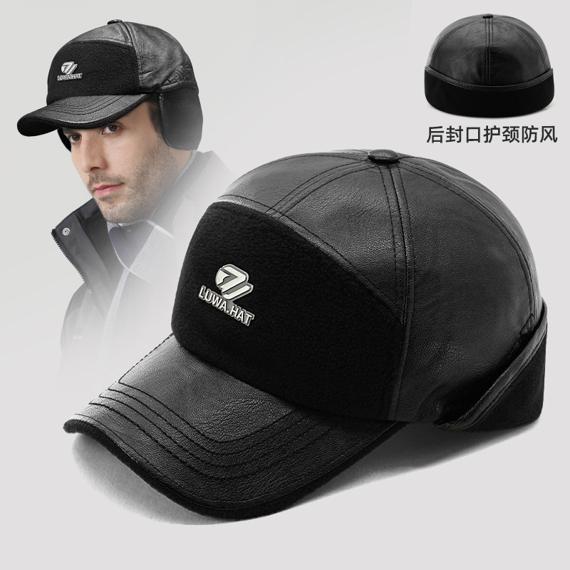 路瓦棒球帽男秋冬护耳加绒皮质
