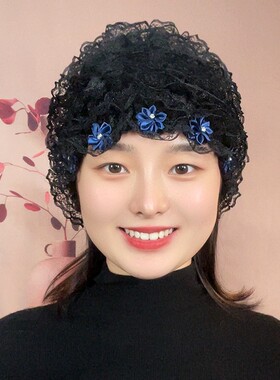 遮白发发饰包头帽超薄蕾丝花边透气五朵小花洋气收碎发花边妈妈帽
