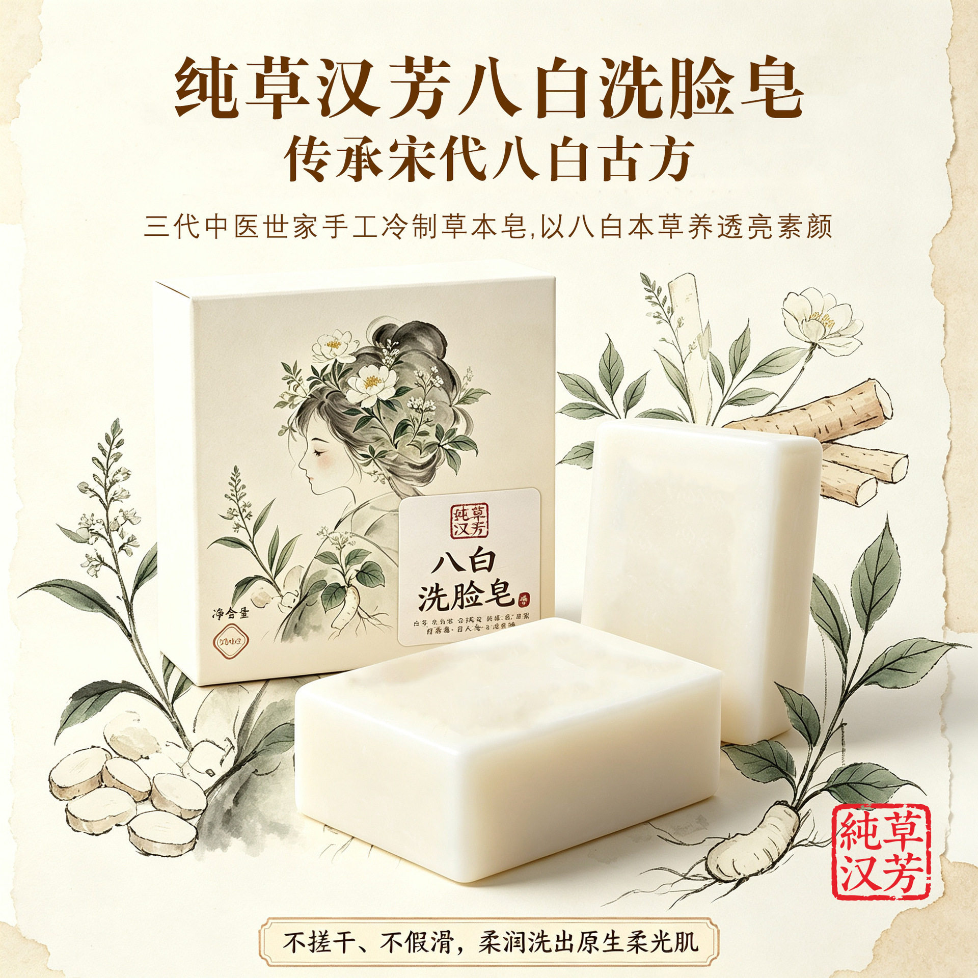 【送起泡网】纯草八白洗脸皂去油温和深层清洁手工皂洁面香皂