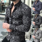 Men Spring Long Floral Fashion Shirt Sleeve Print Autumn