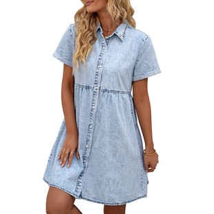 Women Short Shirt Dress Dresses Jean for Button Denim Sleeve