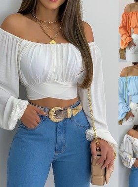 Summer women's off-the-shoulder cross-tie long-sleeve top