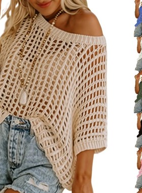 Women Short Sleeve Sweater Knit Tops t-Shirts Beach Coverup