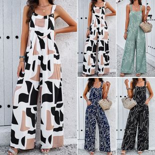 printed jumpsuit loose Buckle 宽松连体裤 sleeveless pants