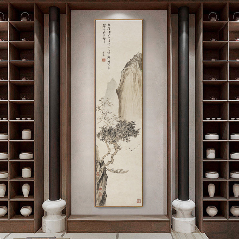 新中式山水画玄关竖版长条国画客厅过道挂画书房茶室装饰画古代画
