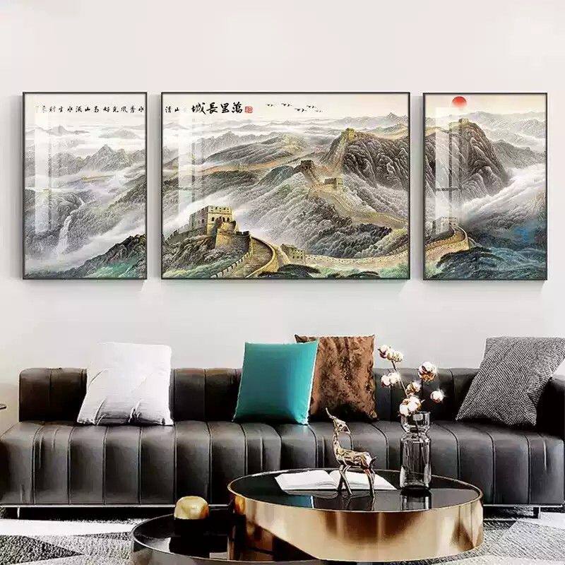 国画万里长城客厅大厅沙发背景墙挂画装饰画三联画背有靠山风水画