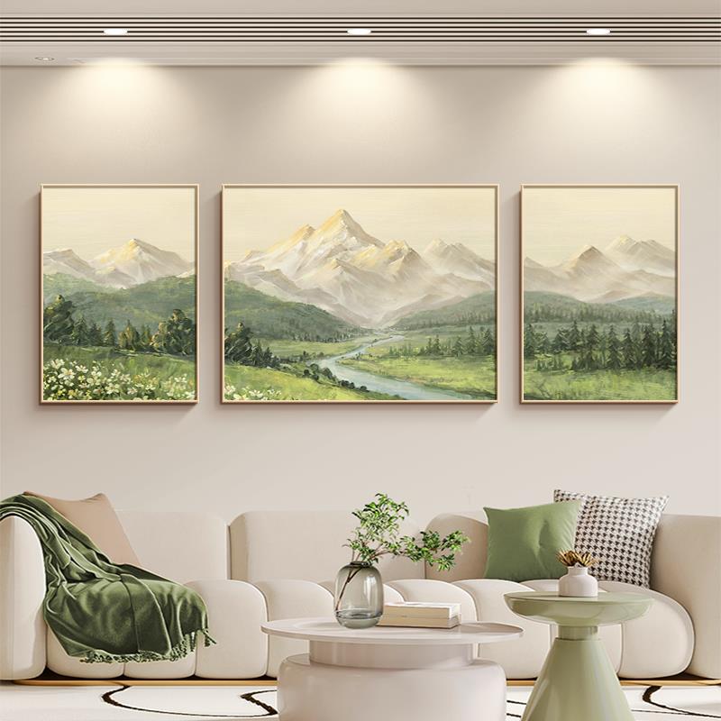 日照金山客厅装饰画源远流长三联挂画山水风景油画沙发背景墙壁画