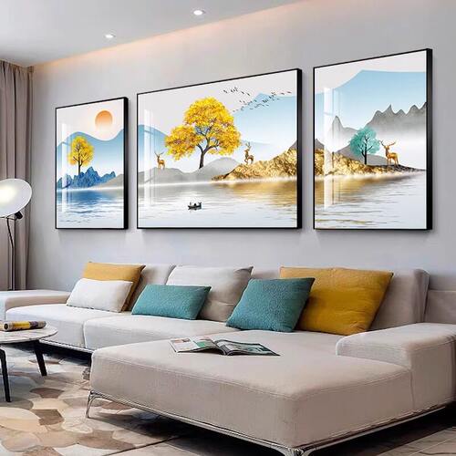 新中式客厅装饰画现代简约沙发背景墙三联挂画山水画轻奢大气壁画