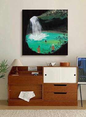不同的洞穴天堂”客厅装饰画瀑布风景手绘油画中世纪风格壁龛入口