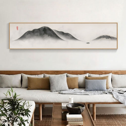 新中式客厅装饰画沙发背景墙黑白水墨画横幅壁画书房茶室山水挂画