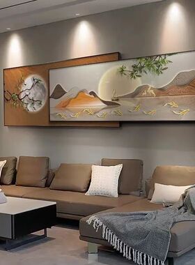 现代轻奢客厅背景墙画 烤瓷油画布背有靠山寓意装饰画组