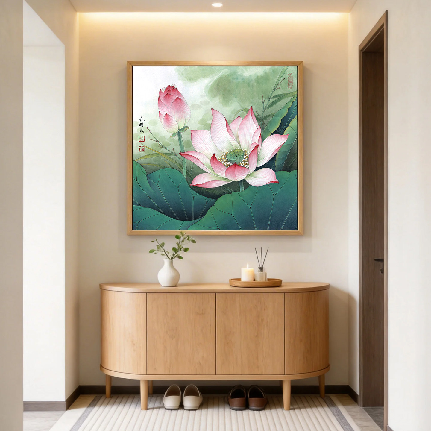 荷花图装饰画正方形挂画新中式客厅餐厅书房莲花卫生间净秽图壁画