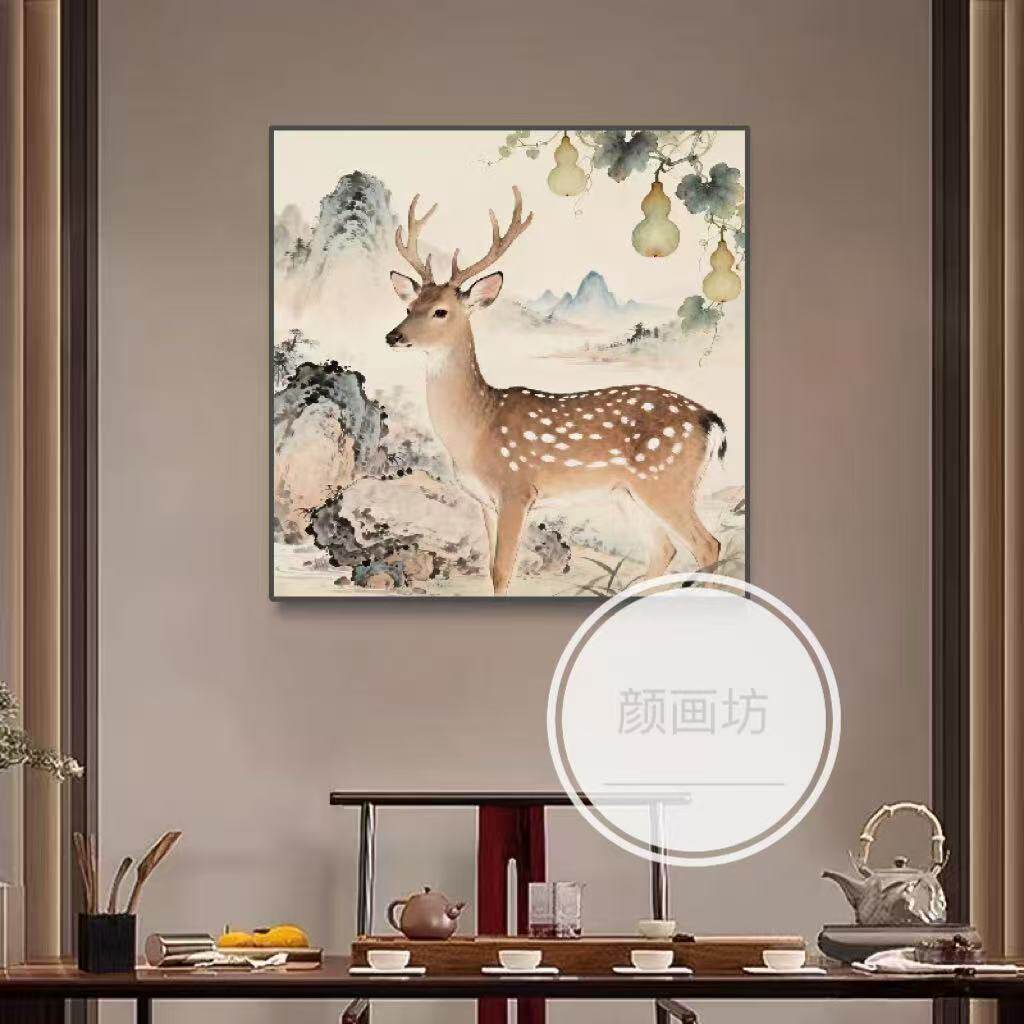 新中式柿柿如意梅花鹿装饰画客厅卧室背景墙挂画山水画风雅致壁画