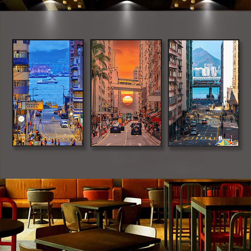 港式装饰画香港夜景摄影街景挂画茶餐厅港风复古咖啡奶茶店壁画