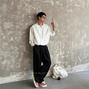 雅痞风假两件白色套头v领衬衫男款轻熟小众不撞款套装配亚麻裤子