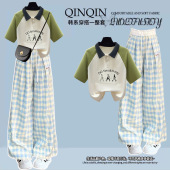 时髦套装 初中学生夏装 T恤高中生蓝色格子裤 Polo领短袖 女2025新款