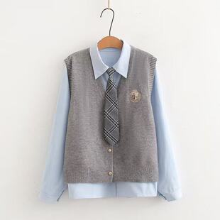学院风两件套装刺绣V领针织马甲长袖衬衫女领带百搭显瘦叠穿套装