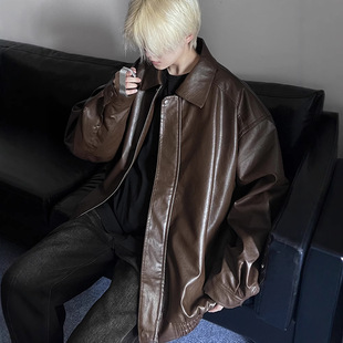 美拉德咖色皮衣外套男春秋冬季 潮流复古机车PU 加厚宽松大码