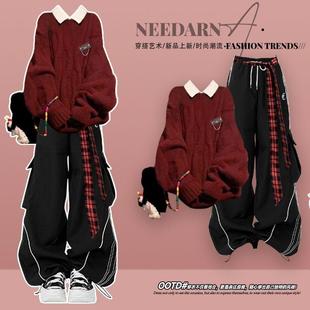 圣诞红色针织毛衣女巨好看 一整套ootd穿搭慵懒松弛感毛线衣 冬季