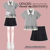 女2025半身裙百褶短裙子套装 上衣夏季 POLO衫 格纹木耳边下摆短袖