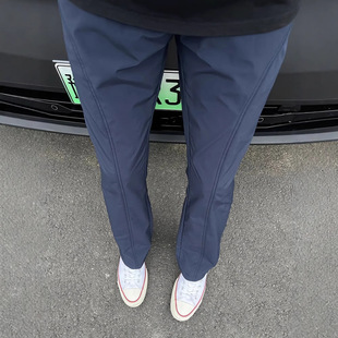 藏青色基础斜切冲锋裤男款秋冬季美式直筒裤子休闲弯刀工装裤
