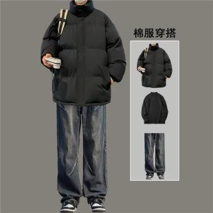 加厚棉衣无帽立领面包服 男生棉服搭配皱褶牛仔套装 24新款 冬季