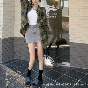 春装 女春秋2025新款 设计感小众衬衣外套 复古绿色格子衬衫 美式