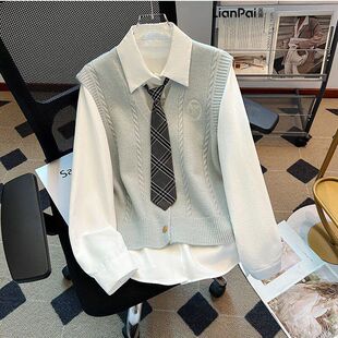 学院风针织马甲背心长袖衬衫女2026早春新款叠穿格子领带三件套潮