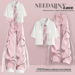 学生2025短袖 一整套套装 衬衫 学院工装 夏日新款 裤 多巴胺夏季