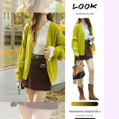 早秋漂亮韩系小套装女设计感绞花针织开衫蕾丝打底衫半身裙三件套