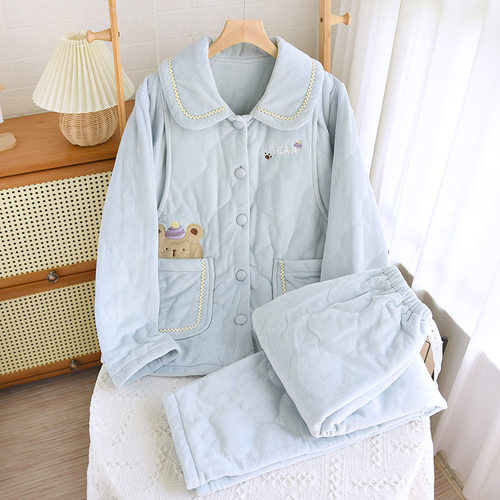 婴儿绒加厚保暖夹棉哺乳月子服开衫款式冬季孕妈睡衣家居服套装