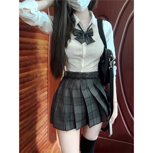 辣妹上衣学院风百褶格裙套装 衬衫 收腰长袖 原创jk制服女纯欲修身