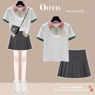 T恤高腰百褶裙小个子两件套 简约短袖 小众纯欲辣妹风套装 女夏新款