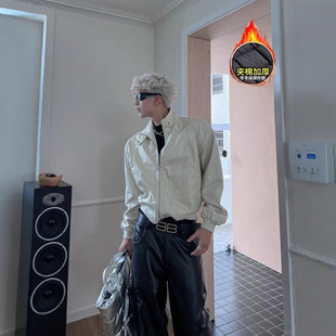 美式 皮衣 小众解构立领PU皮棉衣夹克男秋冬设计高级感机车短款