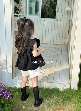 MILA BABY2025夏季新款女童飞袖娃娃衫儿童韩版无袖上衣+高腰短裤