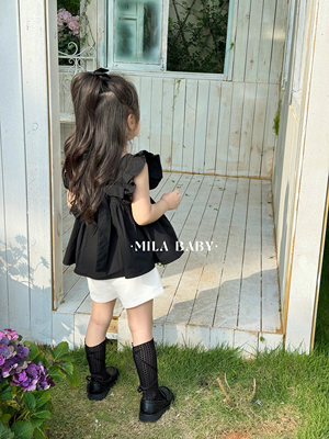 MILA BABY2024夏季新款女童飞袖娃娃衫儿童韩版无袖上衣+高腰短裤