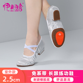女士长跟2.5cm跳舞鞋 中国舞帆布舞蹈带跟练功银色成人软底教师鞋