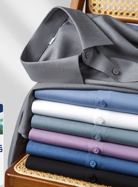 啄木鸟高端男士长袖莫代尔棉羊毛衬衫商务职业装衬衣有加肥加大码